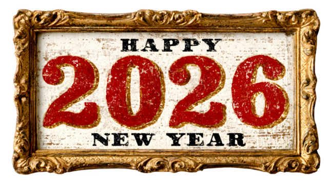 Happy new year 2026 vintage sign with red numbers and gold frame perfect for holiday greetings and festive decorations for the new year celebration