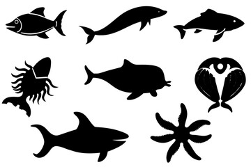 set of Marine Life Silhouette Vector  
