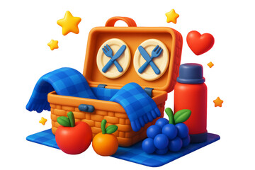 Obraz premium Picnic basket with blanket, thermos, fruit, and utensils in a playful abstract style on white background, concept of leisure and hobby. Ai generative