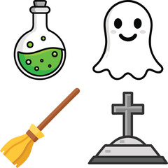 Vector art of cute cartoon halloween icons including a ghost, potion, broom, and tombstone