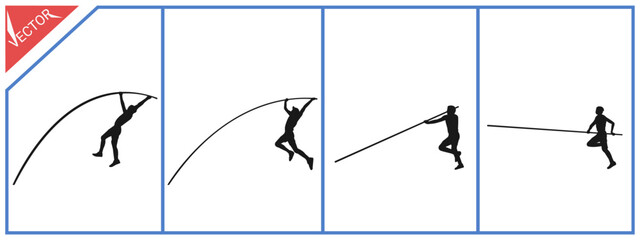 Set of silhouettes of pole vault athletes. Vector illustration on a white background.