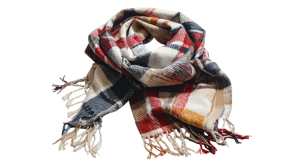 Plaid scarf with fringe, red, beige, and blue