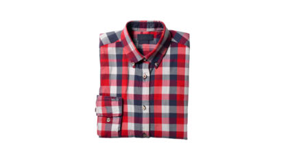 Folded red, white, blue plaid shirt with sleeves, collar shown