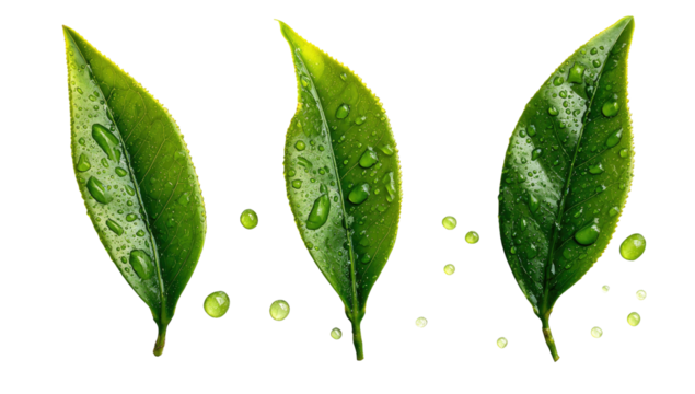 Three vibrant green tea leaves, glistening with water droplets, set against a dark background.  Small, light-colored droplets are scattered around the leaves