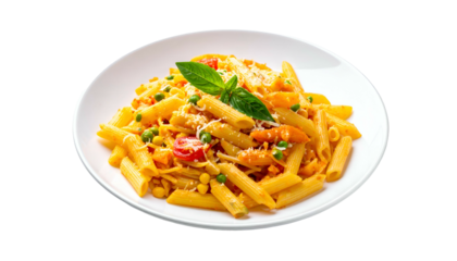 Pasta dish with veggies on a white plate, garnished with basil