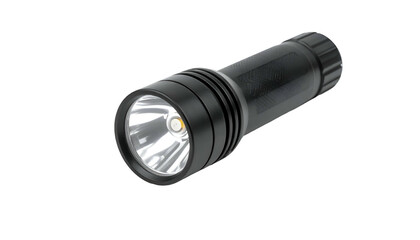 Black metal flashlight illuminates brightly on a dark background