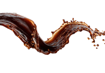 Dark brown liquid, coffee or cocoa, splashes and arcs in a dynamic, flowing motion against a pure black background
