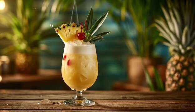 Pina colada cocktail garnished with cherry, pineapple slice and leaves on a rustic wooden table