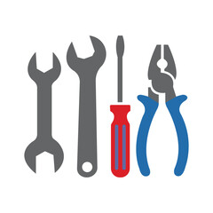 Two wrenches, a screwdriver, and pliers displayed with precision against a transparent background