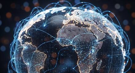 Glowing digital globe with interconnected lines representing global network and data flow