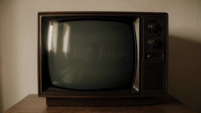 A vintage, brown television set sits on a wooden surface, casting shadows