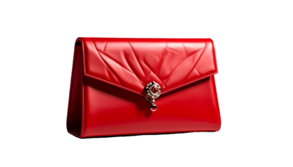 Glossy red clutch with leaf-patterned flap and jeweled clasp.