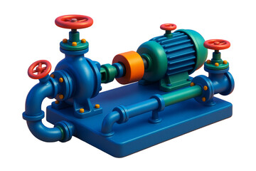 Industrial pump system with colorful motor and valve components in a clean, minimal style on white background, concept of fluid mechanics. Ai generative