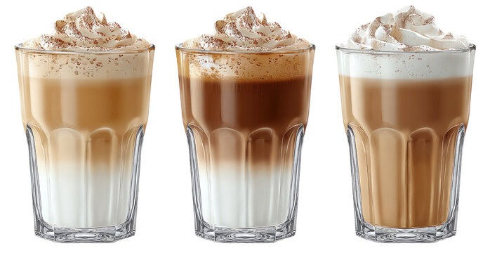 Three glasses of layered coffee drinks