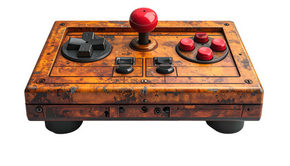 Distressed arcade stick with red ball, buttons, and black d-pad