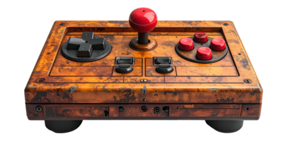 Distressed arcade stick with red ball, buttons, and black d-pad