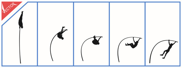 Set of silhouettes of various pole vault athlete poses on a white background.
