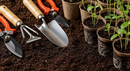 Gardening Tools and Seedling Plants Ready for Growth