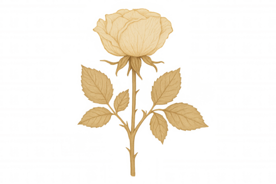 Botanical rose drawing with sepia tones, traditional floral illustration on transparent background