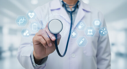 Modern Doctor Holding Stethoscope with Medical Icons Overlay Healthcare Concept