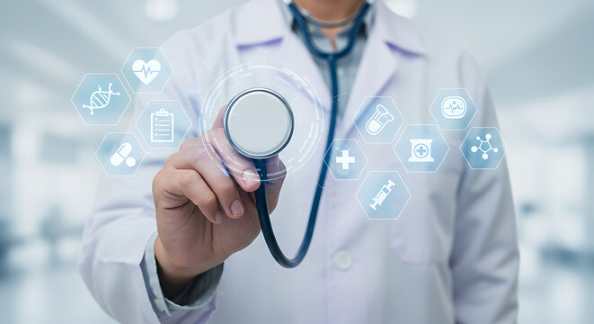 Modern Doctor Holding Stethoscope with Medical Icons Overlay Healthcare Concept