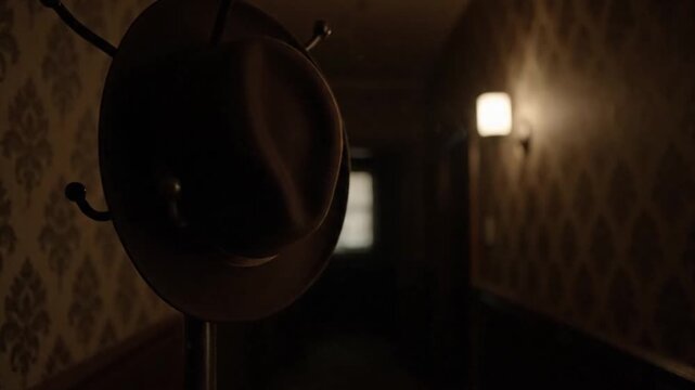Dark moody hallway with vintage wallpaper and a fedora on a coat rack creating mystery
