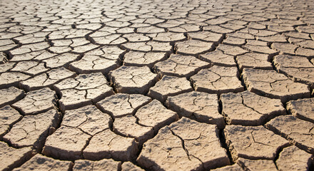 A textured landscape of cracked earth evokes themes of drought and environmental impact, the parched ground stretching into the distance under a strong, directional sunlight casting harsh shadows