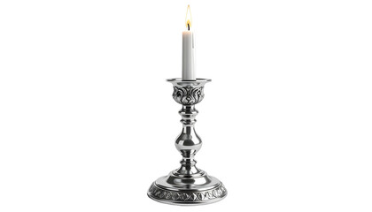 Lit white candle atop an ornate silver candlestick