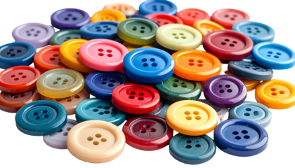 Assorted colorful buttons stacked, many with four holes