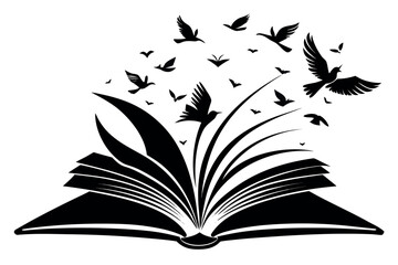 Open book with birds flying away isolated on white background, symbolizing freedom and imagination through reading
