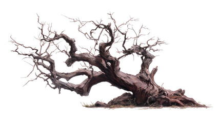 A gnarled, leaning tree against a dark background.  Its branches are twisted and reaching,  with muted browns and grays.  The trunk is thick and  appears weathered