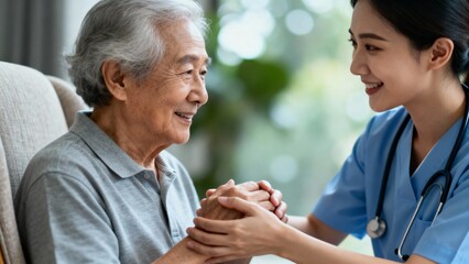 Caregiver smiling while assisting senior man with gentle touch  
