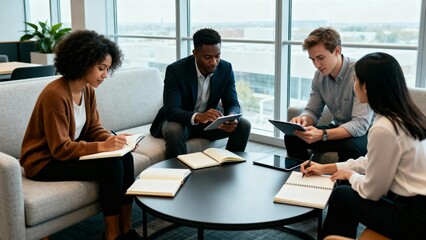 Diverse group of young professionals collaborating in modern office