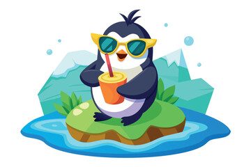 A cool penguin enjoying a drink on a small island, embodying relaxation and summer vibes isolated on white background