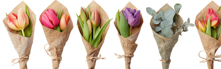 Small bouquets of tulips and eucalyptus, wrapped in kraft paper