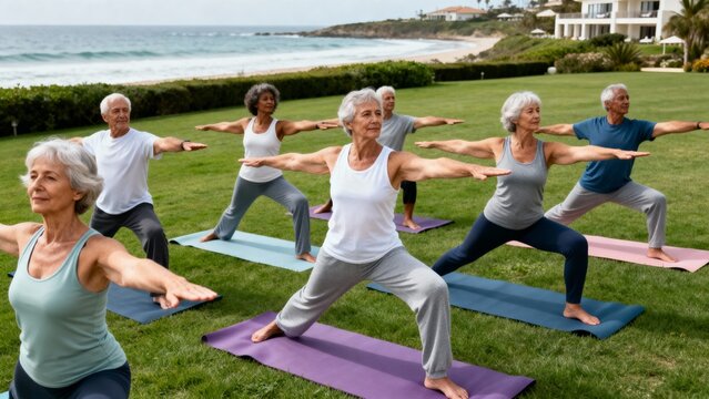 Elderly women practicing yoga outdoors on mats by the ocean  