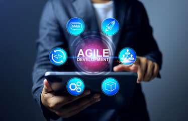 agile development concept with businessman using agile methodology to project management framework and breaks work into smaller manageable increments to allow for flexibility collaboration