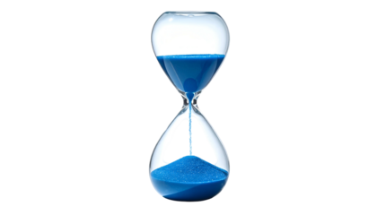 Hourglass with blue sand on black background, time passing