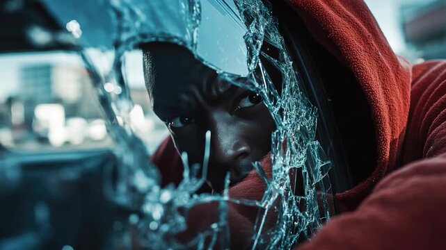 A person examines the inside of a damaged window, likely searching for something or trying to make sense of the situation