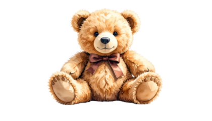Plush teddy bear sits with a bow tie, isolated on black