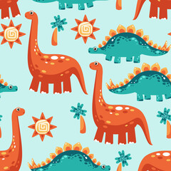 Seamless Pattern of Cartoon Dinosaurs and Sun Icons on a Light Blue Background Featuring Orange Brontosaurus and Teal Stegosaurus Figures with Pixelated Textures