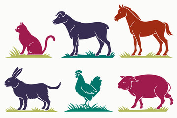 set of Domestic Animal Silhouette Icons Bundle Isolated on White Background