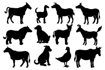 set of Domestic Animal Silhouette Icons Bundle Isolated on White Background