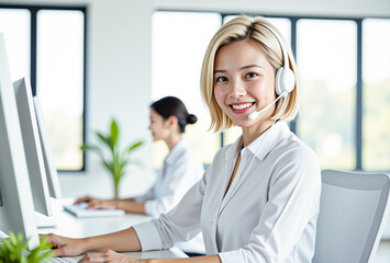"Smiling female call center agent with headset working in modern office, customer support service concept"