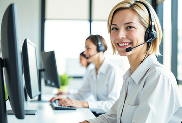 "Smiling female call center agent with headset working in modern office, customer support service concept"