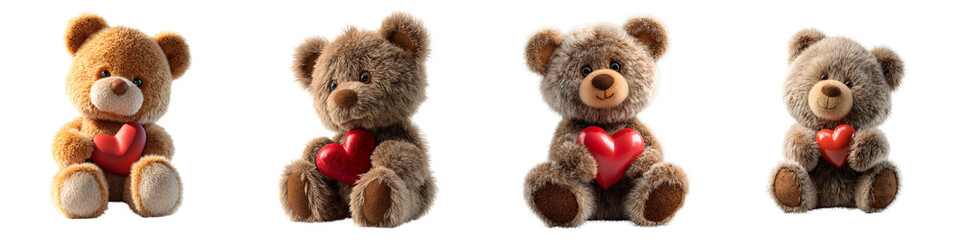 Set of set of cute teddy bear holding a red heart, isolated on transparent background, isolated on transparent background.