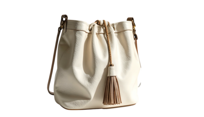 Cream bucket bag with braided tassel strap and shoulder strap