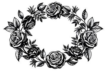 A beautiful wreath of roses in black and white, creating a romantic and timeless design isolated on white background