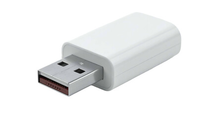 White plastic USB adapter with metal connector facing forward