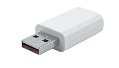 White plastic USB adapter with metal connector facing forward
